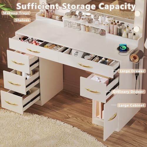 White Vanity Desk with Lights and Large Mirror J566