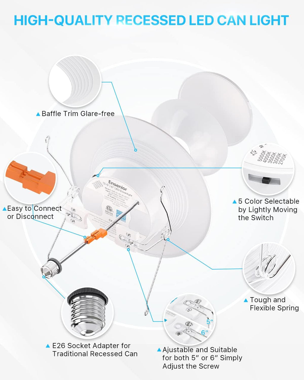 12 Pack 5/6 Inch LED Recessed Lighting, Metal Baffle Trim, Selectable 2700K-5000K, Dimmable Downlight W38328