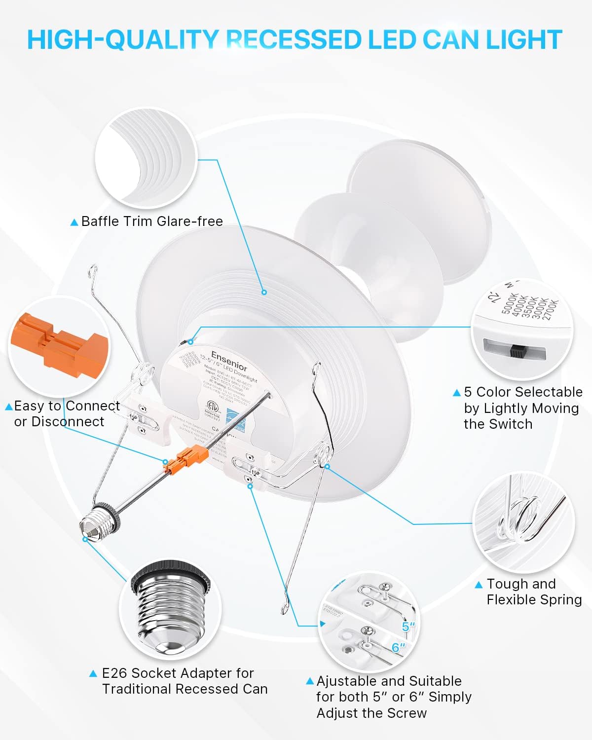 12 Pack 5/6 Inch LED Recessed Lighting, Metal Baffle Trim, Selectable 2700K-5000K, Dimmable Downlight W38328