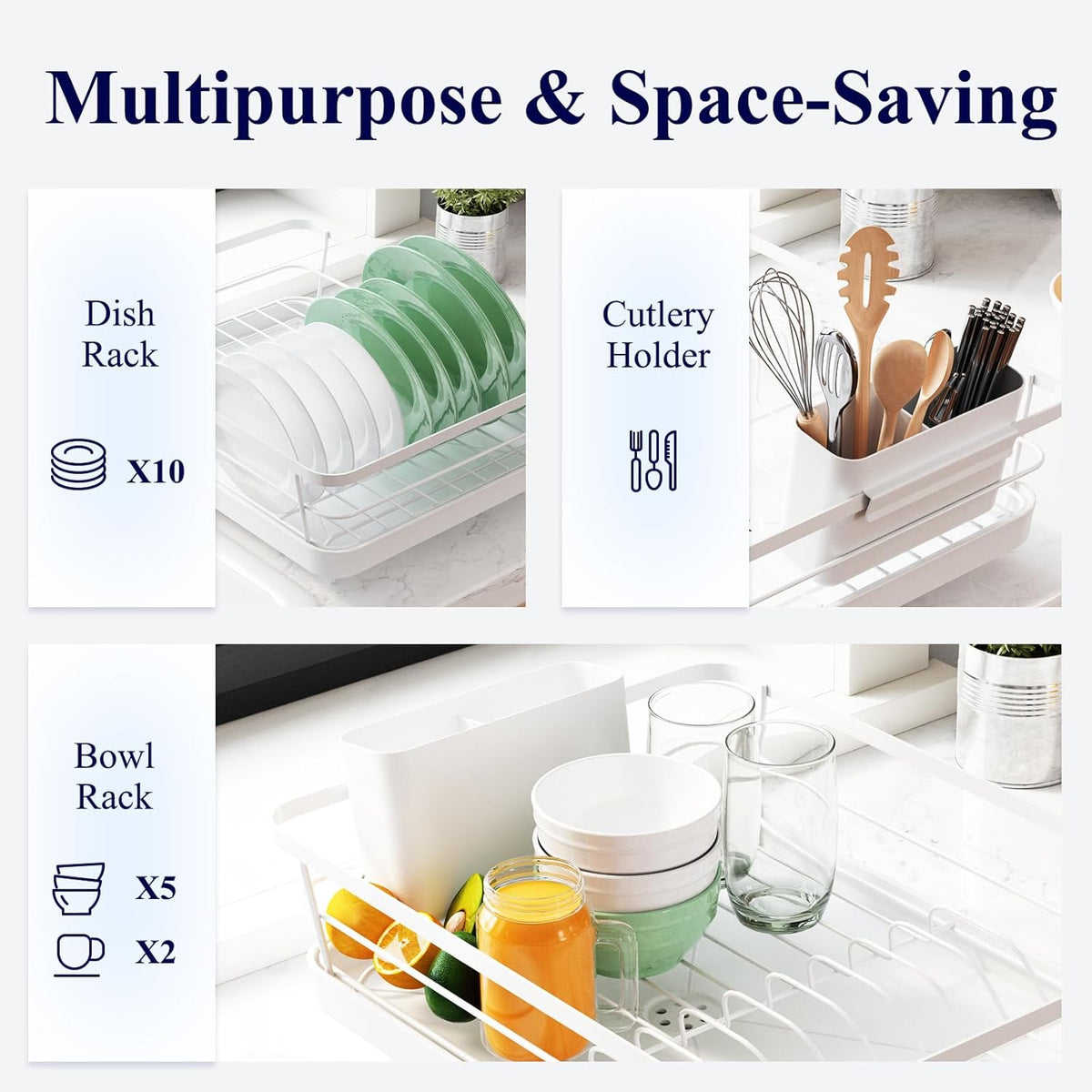 White Stainless Steel Dish Drying Rack with Cutlery Holder A56473