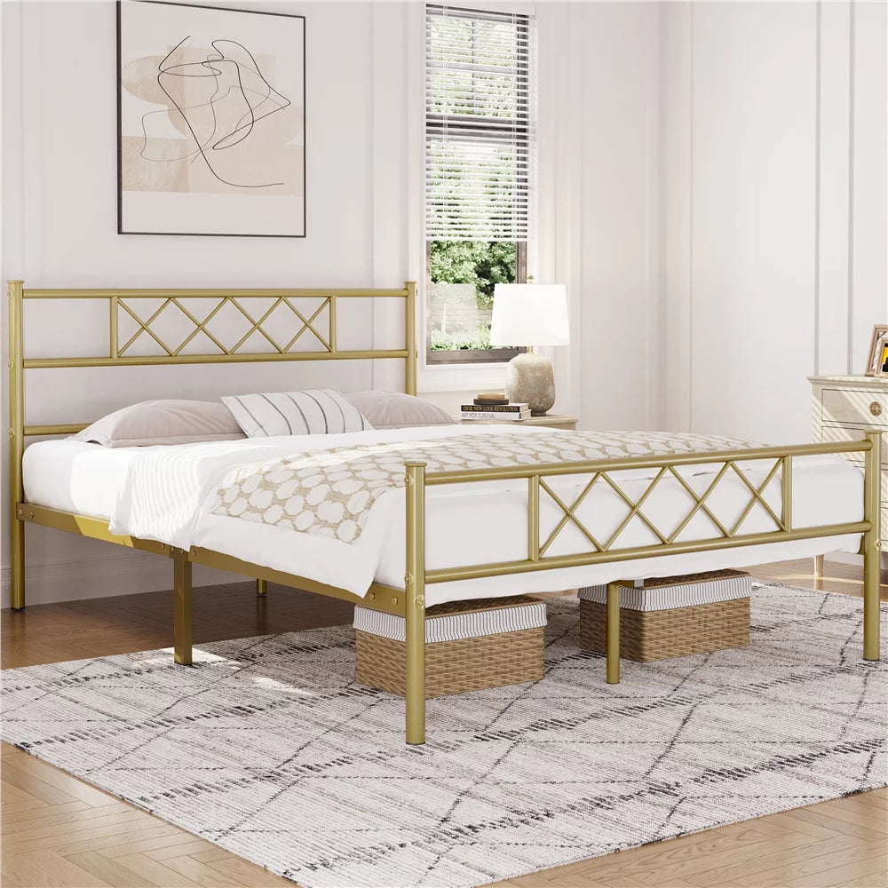 Twin Metal Bed Frame with Crisscross Headboard & Footboard, White J799293