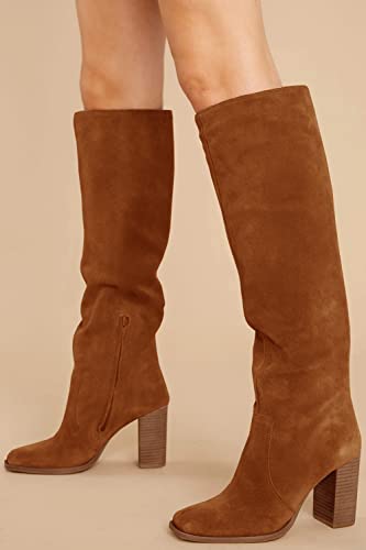 Womens Knee High Boots Chunky High Heel Square Toe Side Zipper Wide Calf Boot T38088