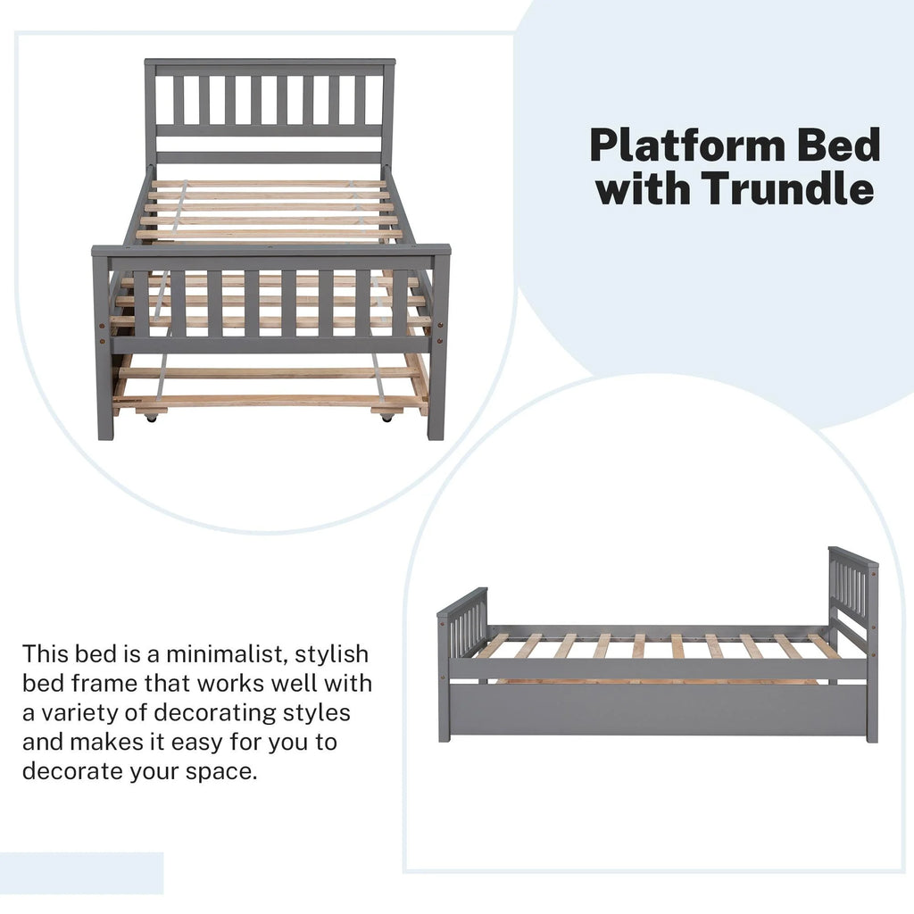 Gray Twin Size Wood Platform Bed with Trundle M991
