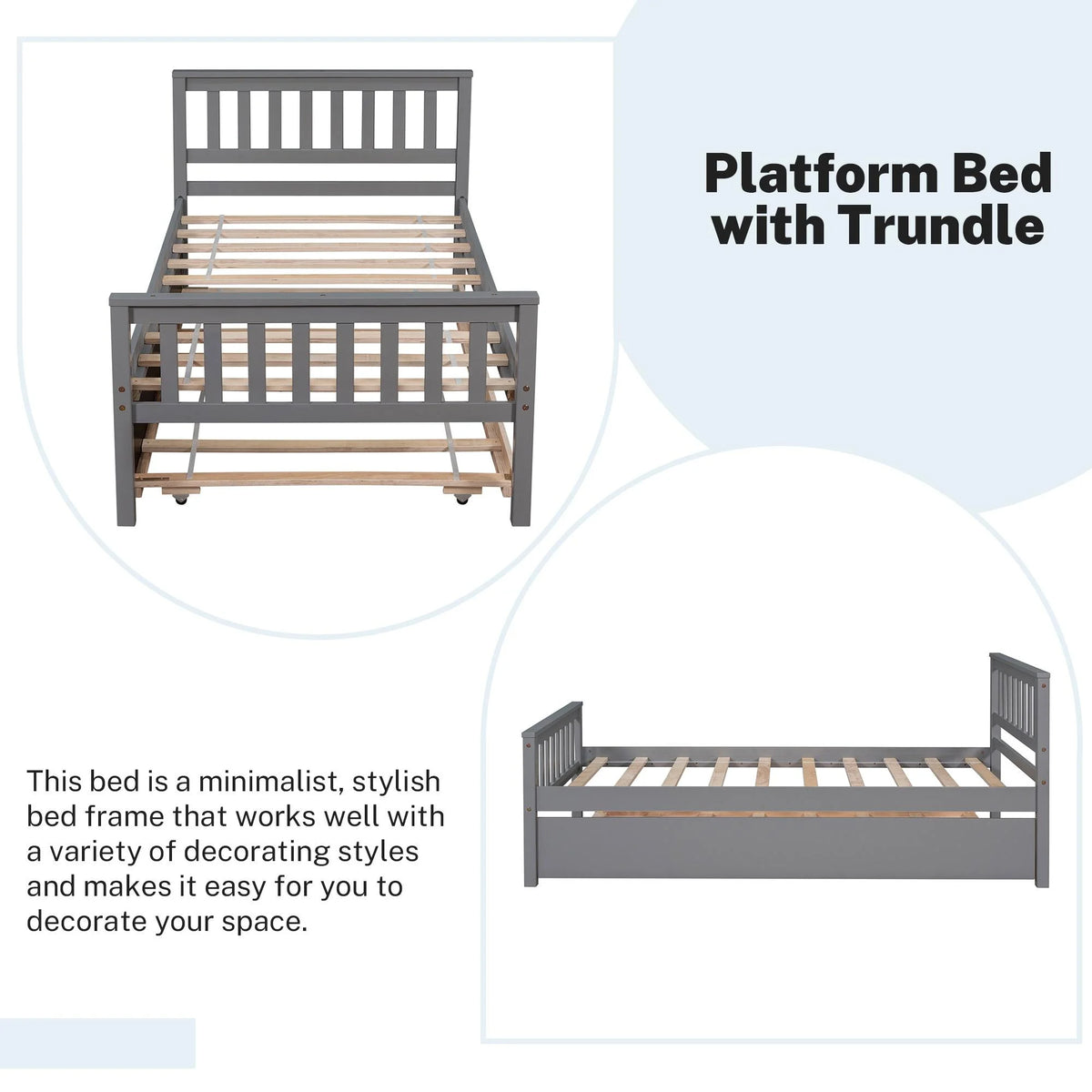 Gray Twin Size Wood Platform Bed with Trundle M991