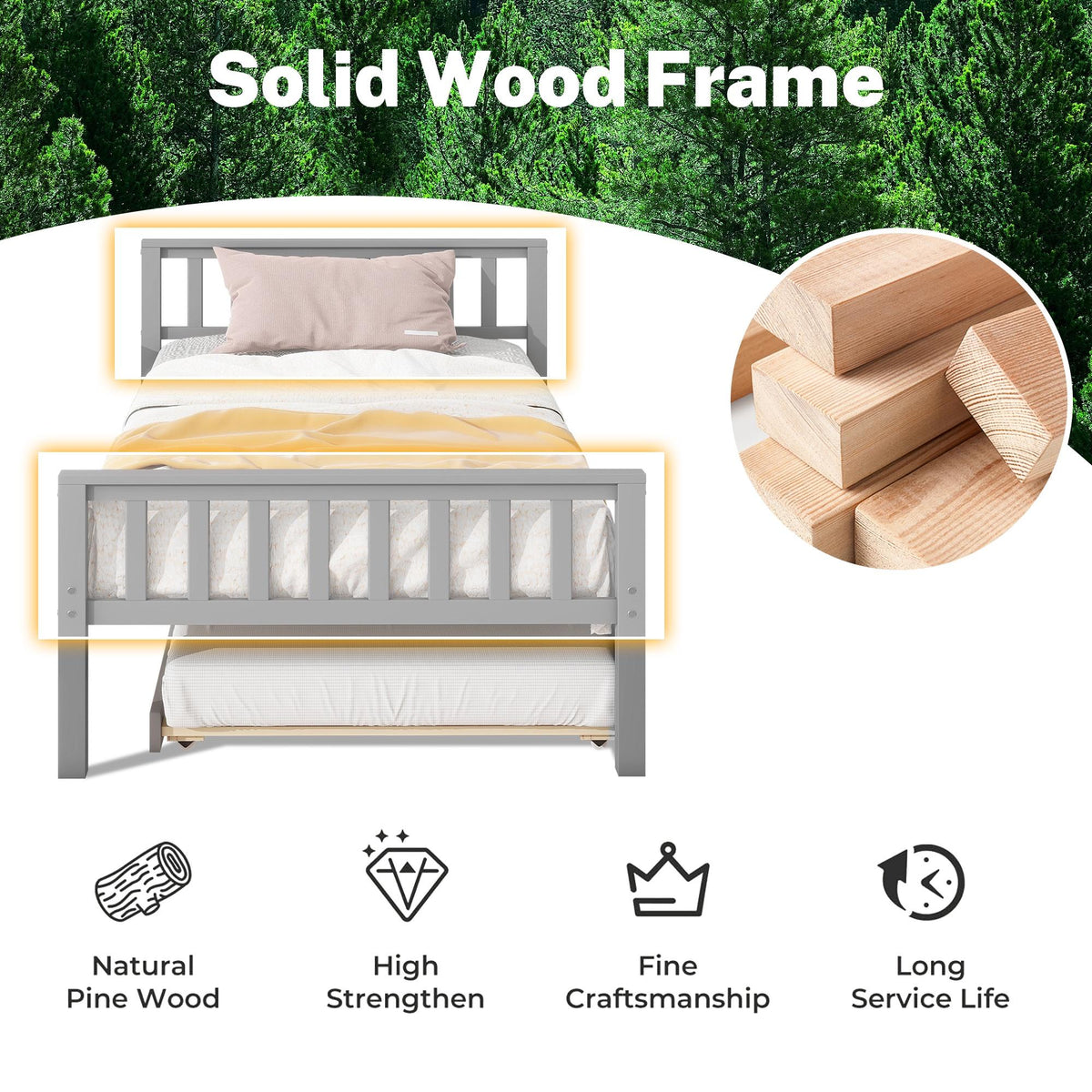 Gray Twin Size Wood Platform Bed with Trundle M991