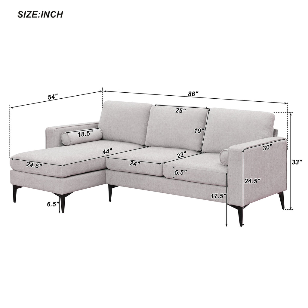L-Shaped Sectional Sofa with Reversible Chaise, 3 Seater Chenille Fabric Modular Couch with Pillows Metal Legs Z462