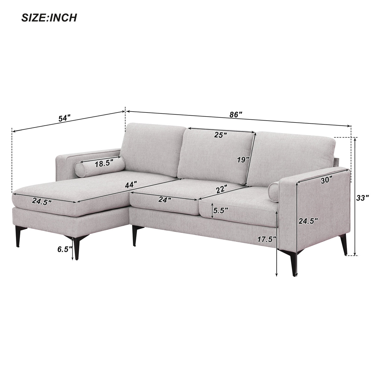 L-Shaped Sectional Sofa with Reversible Chaise, 3 Seater Chenille Fabric Modular Couch with Pillows Metal Legs Z462