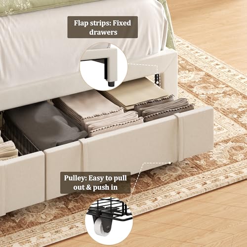 Beige Queen Upholstered Platform Bed Frame with Storage Drawers N70727
