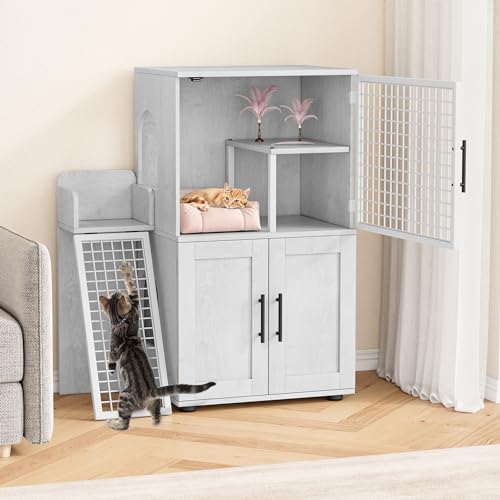 Cat Litter Box Enclosure with Platform, Double Layer, 33.5" L x 17.9" W x 41.9" H, Wax Wood A764644