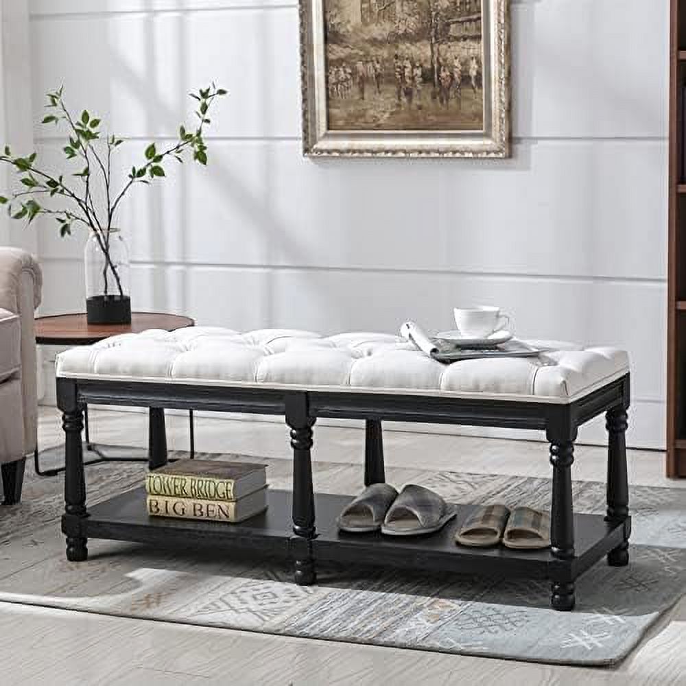 Grey Linen Tufted Bench with Shelf K677243