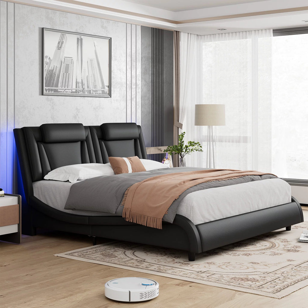Queen LED PU Leather Upholstered Platform Bed with Adjustable Headboard H123255