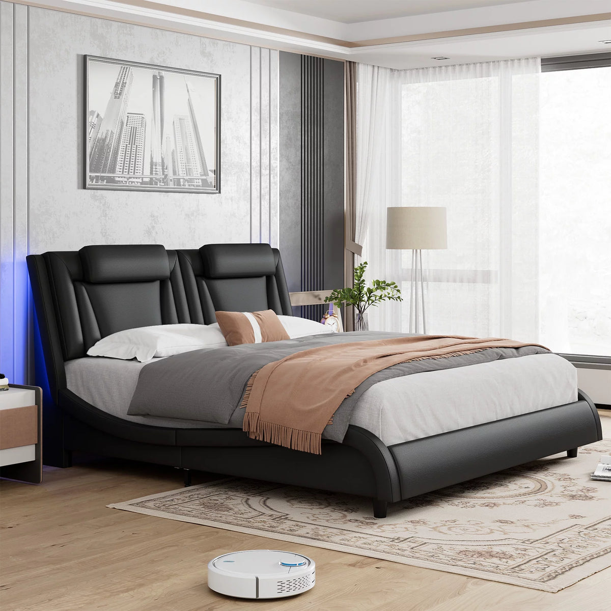 Queen LED PU Leather Upholstered Platform Bed with Adjustable Headboard H123255