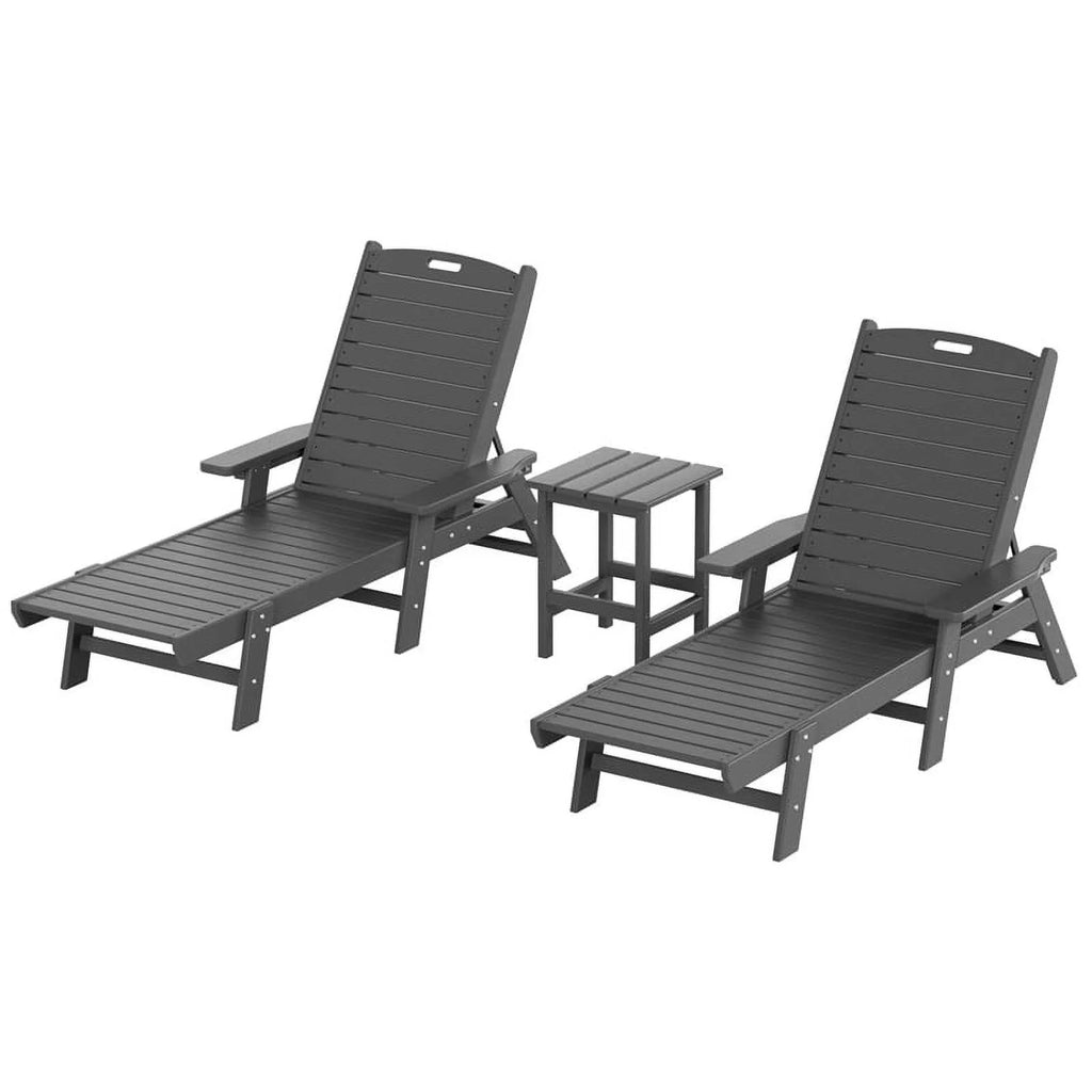 Gray 3PC HDPE Plastic Reclining Chaise Lounge Table Set O722