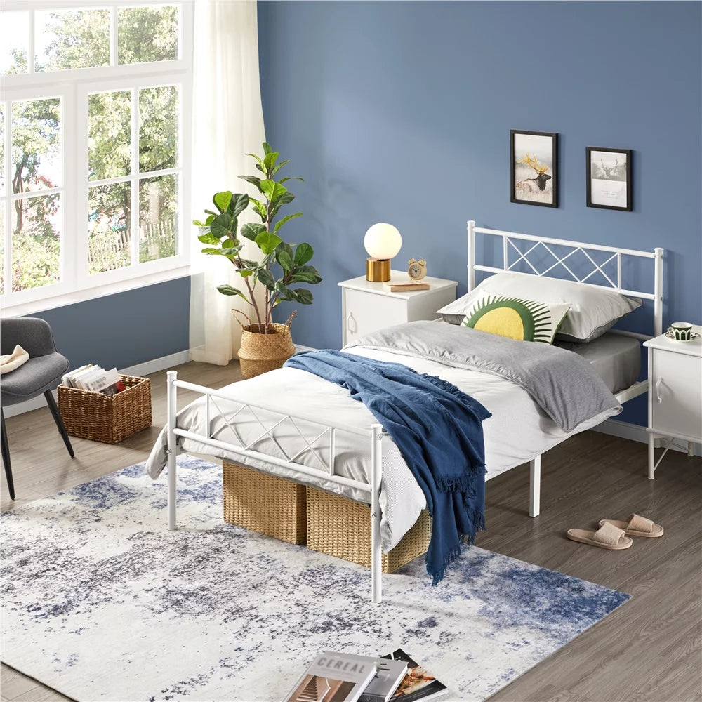 Twin Metal Bed Frame with Crisscross Headboard & Footboard, White J799293