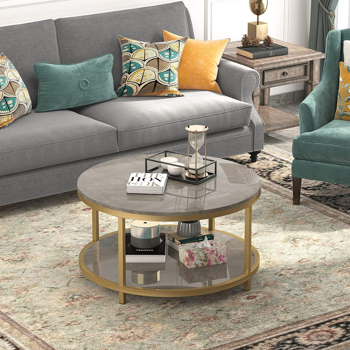 Round Coffee Table with Storage Open Shelf P87586