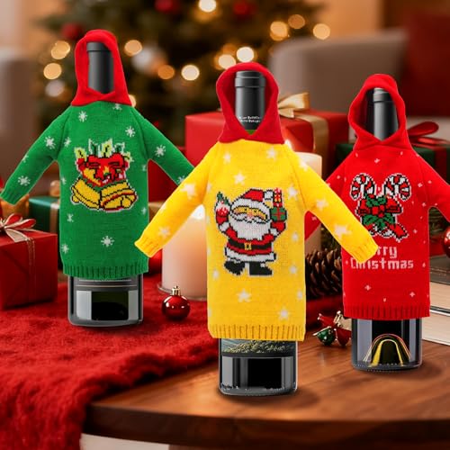3Pcs Christmas Wine Bottle Covers Knitted Hoodie C234182
