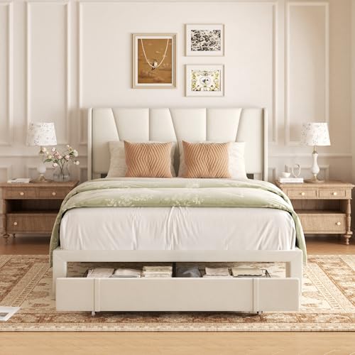 Beige Queen Upholstered Platform Bed Frame with Storage Drawers N70727