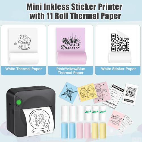 Pink Mini Thermal Printer with 11 Rolls Paper Z1011