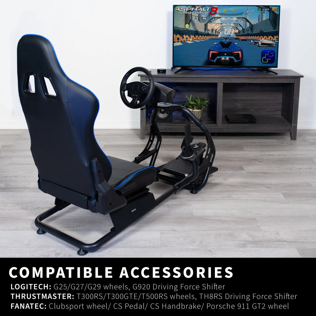 Black Blue Racing Simulator Cockpit with Wheel Stand and Reclining Seat R191
