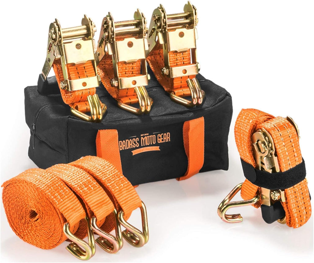 Ratchet Straps Tie Downs 4 Pk 1.5 in X 15 Foot 3300 Break Str Heavy Duty Padded Grips with Duffle Bag and Ratchet Strap Keepers K57917