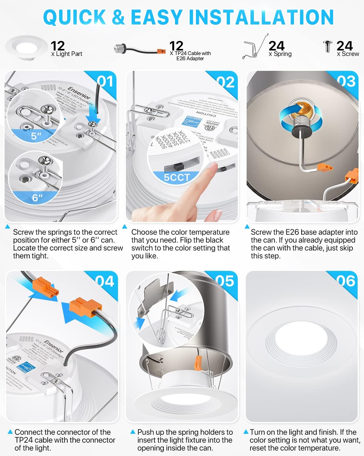 12 Pack 5/6 Inch LED Recessed Lighting, Metal Baffle Trim, Selectable 2700K-5000K, Dimmable Downlight W38328