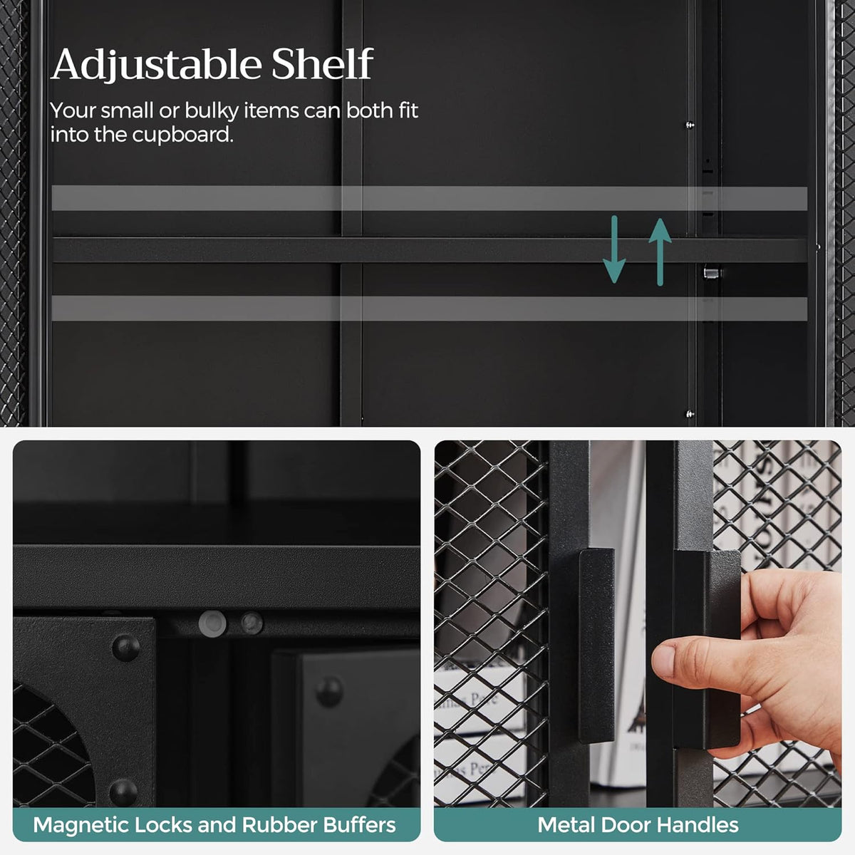 Rustic Brown and Black Storage Cabinet with Mesh Doors and Adjustable Shelf W9785