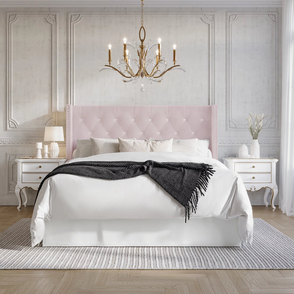 Button Tufted Wingback Velvet Upholstered Bed, Navy Blue, Queen S8051