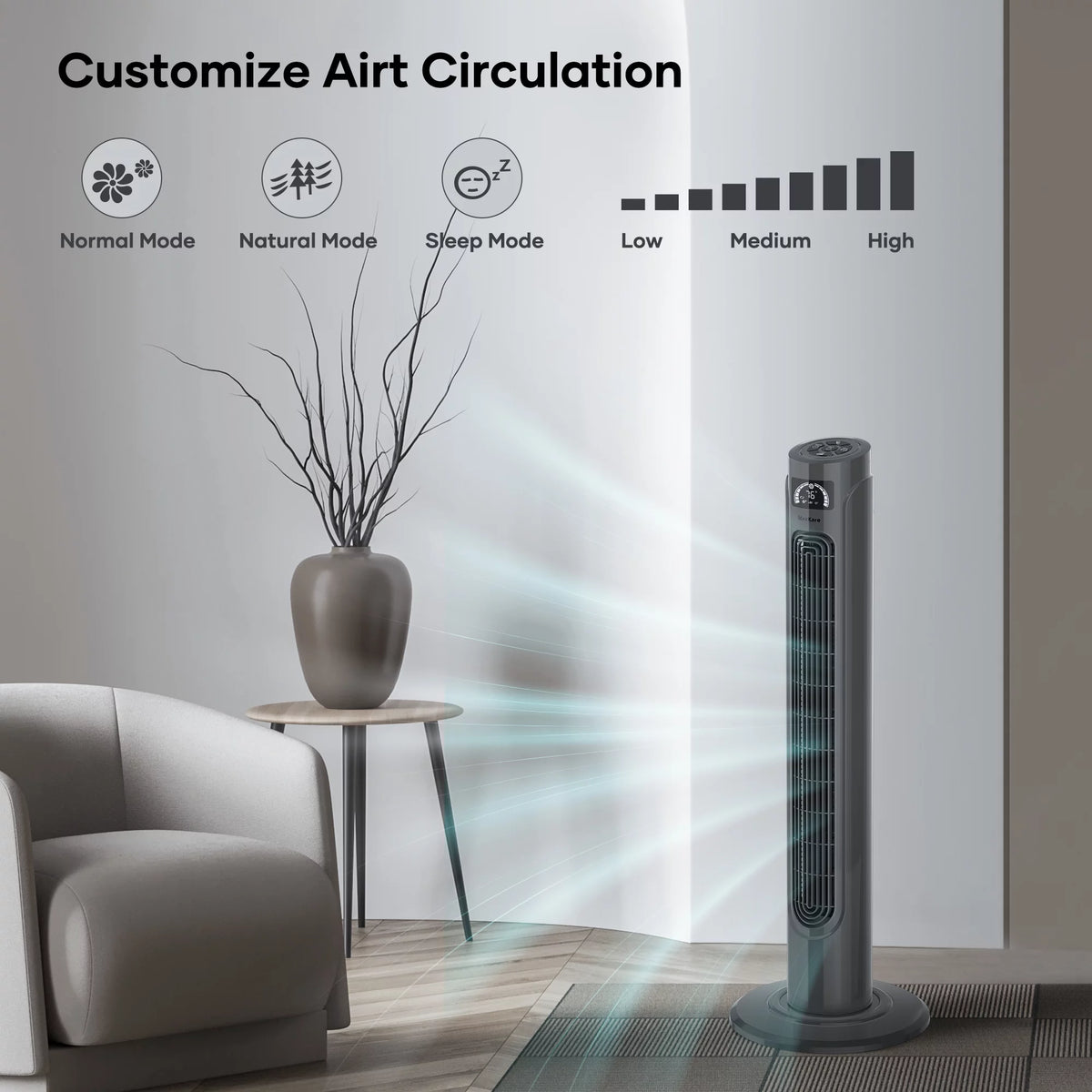 36 Tower Fan with Remote, 3 Speeds 3 Modes 15H Timer, 90° Oscillating, Grey W262018