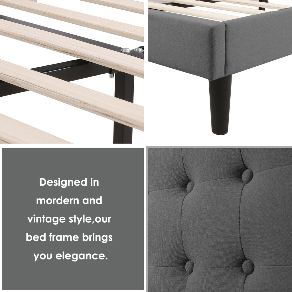 King Bed Frame with Adjustable Button Tufted Upholstered Headboard X713661