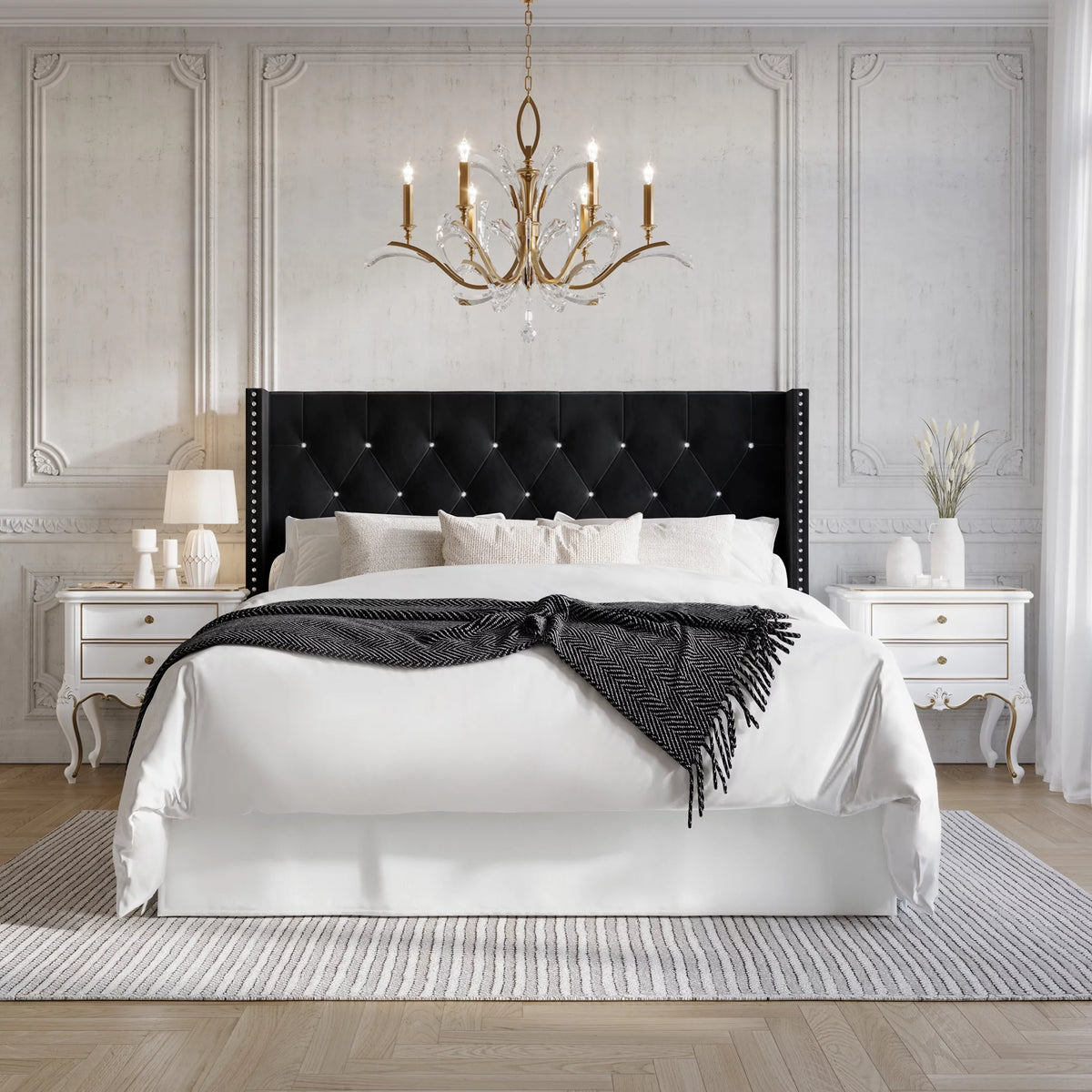 Button Tufted Wingback Velvet Upholstered Bed, Navy Blue, Queen S8051