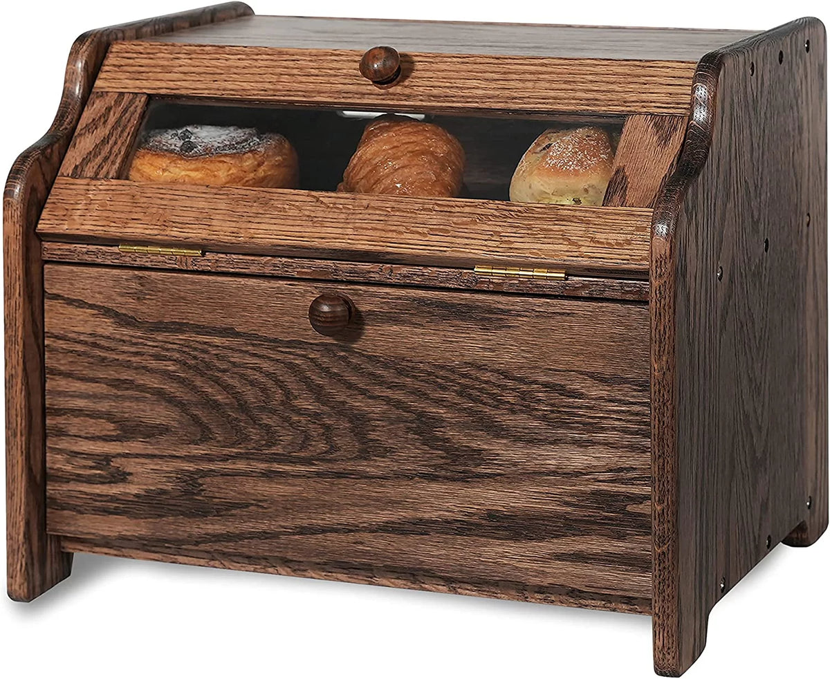 Solid Wood Oak Bread Box with Clear Window B872