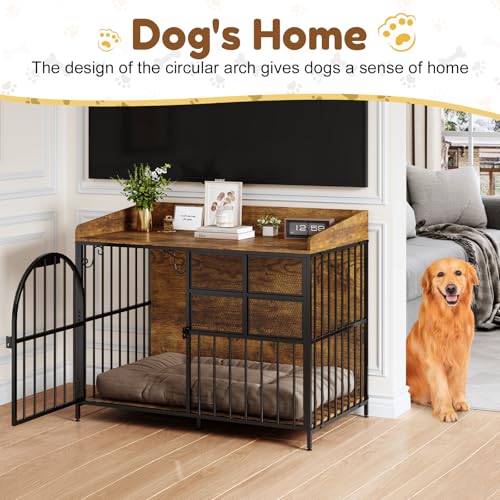 Large Dog Crate Furniture with Chew-Resistant Heavy Duty Wooden Dog Cage Rustic Brown O214