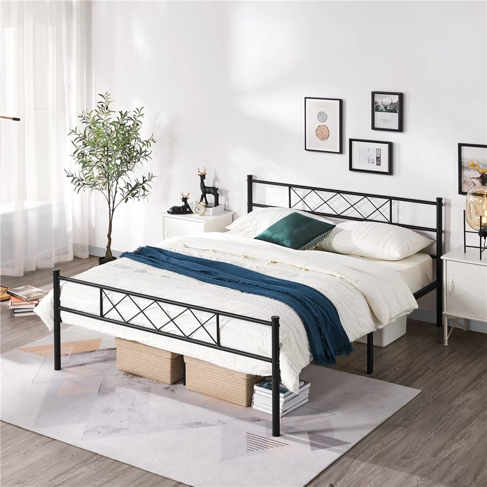 Twin Metal Bed Frame with Crisscross Headboard & Footboard, White J799293