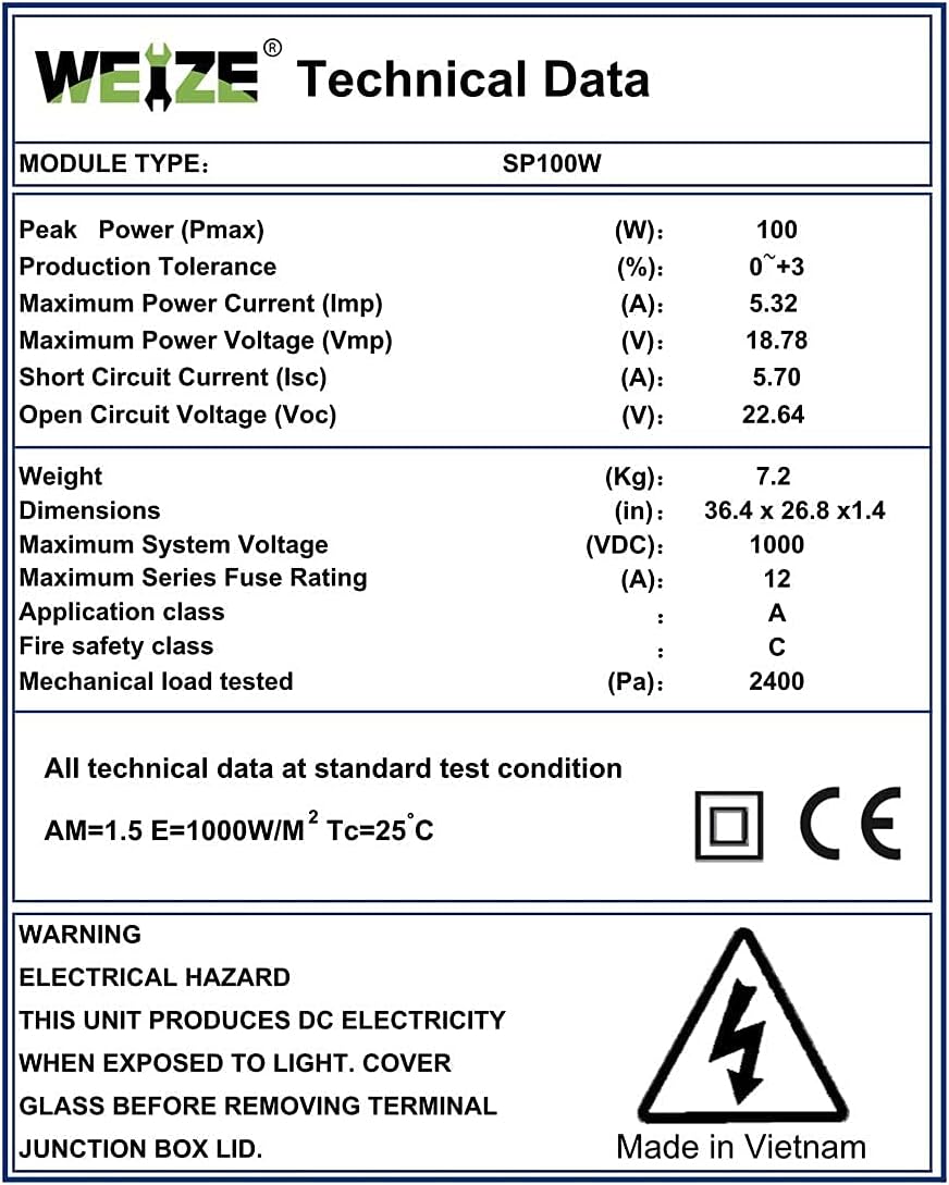 200 Watt 12 Volt Monocrystalline Solar Panel, 2 Pack of 12V 100W PV Module Z799