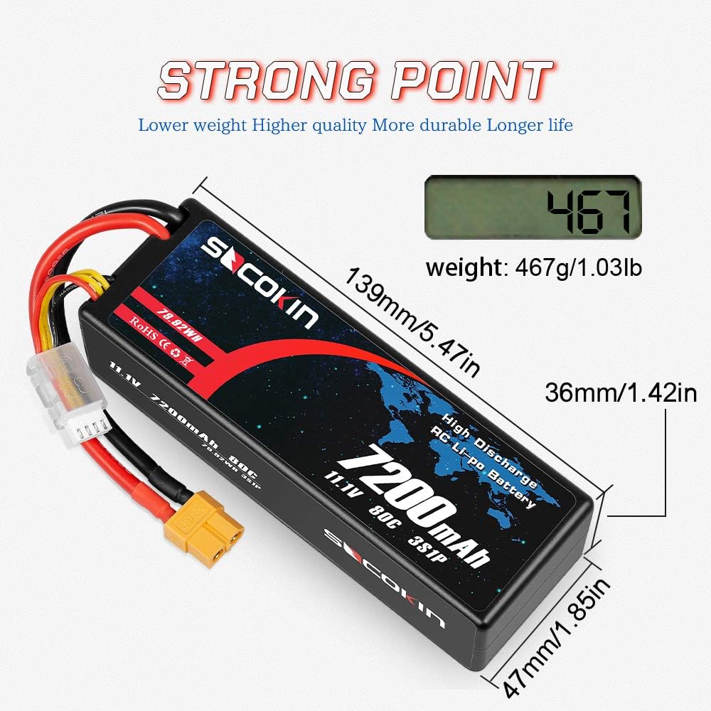 2 Pack 11.1V 7200mAh 80C Hard Case Lipo Battery XT60 Plug R387