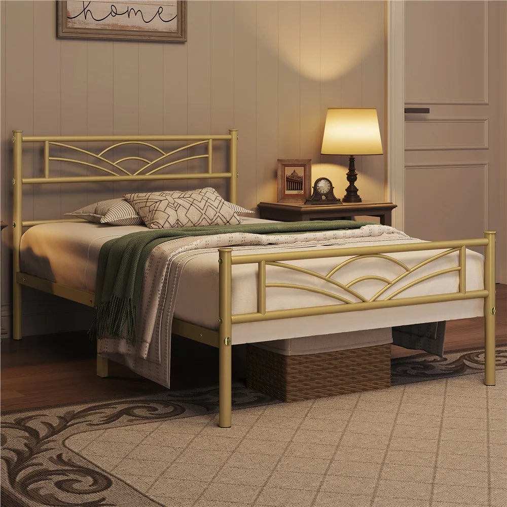 Metal Platform Bed with Headboard Twin XL Antique Gold J3144