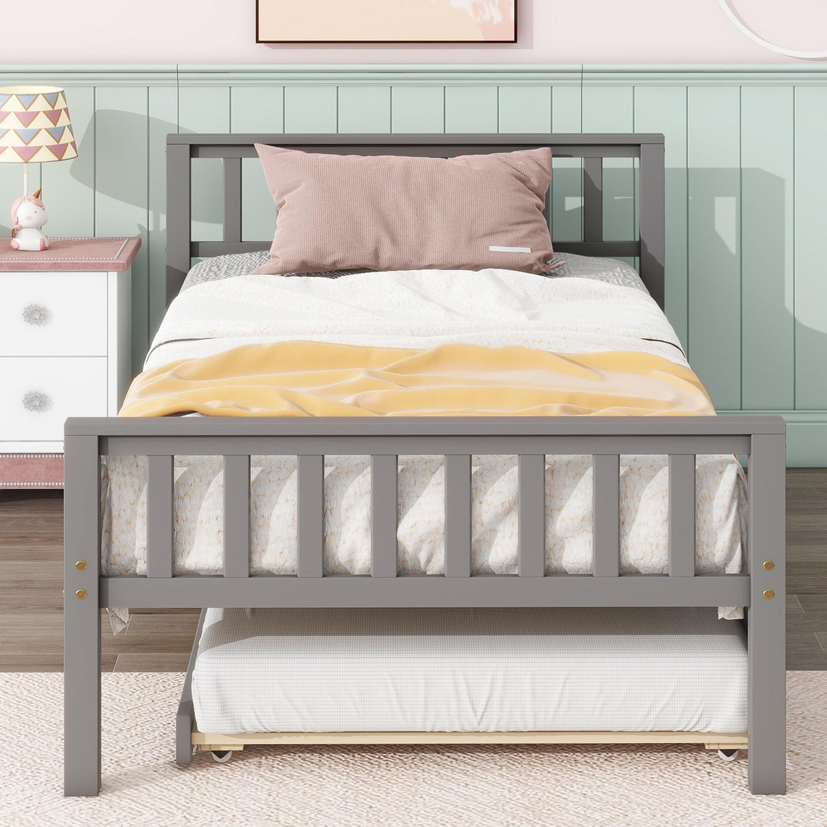 Gray Twin Size Wood Platform Bed with Trundle M991