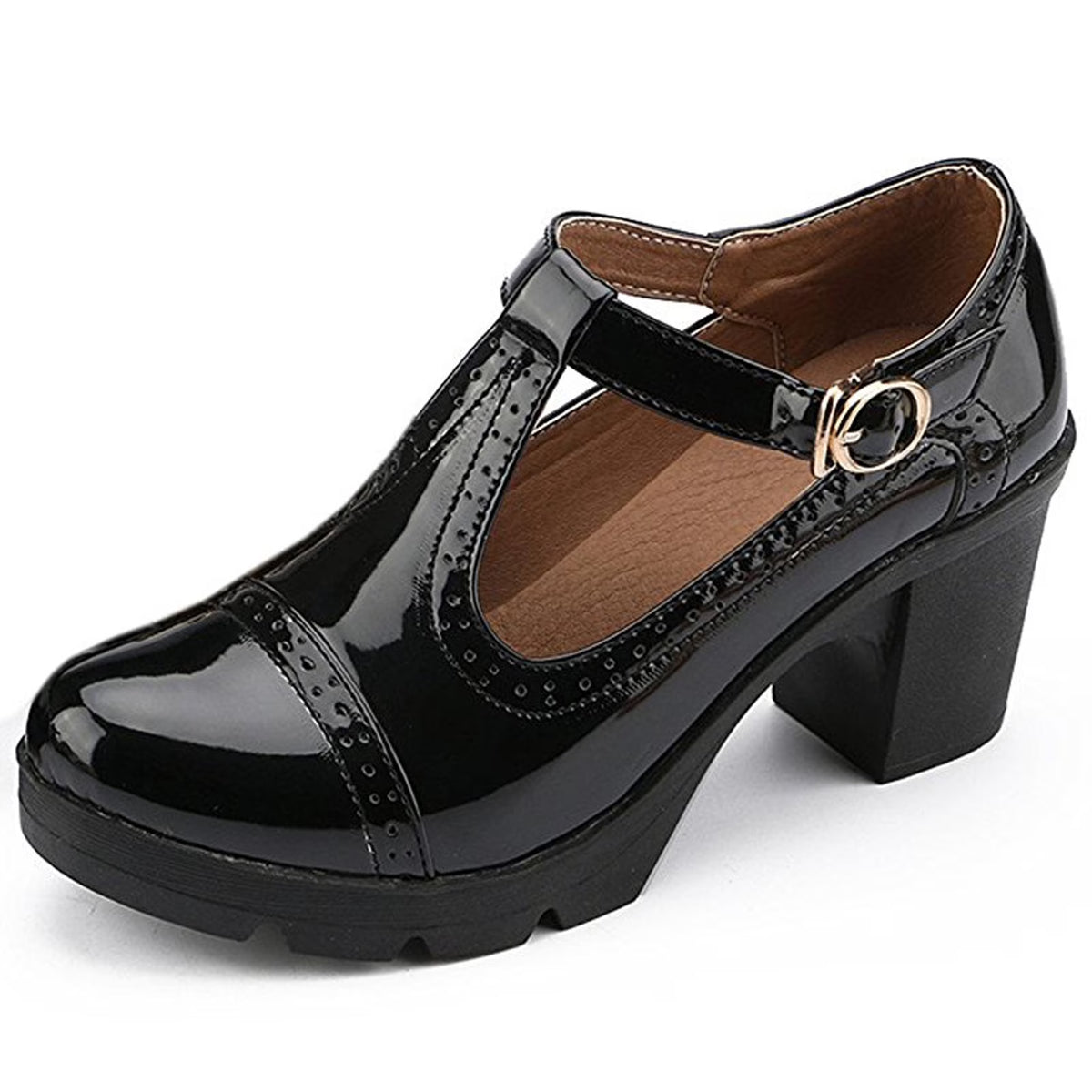 Black Patent Leather T-Strap Platform Mary Jane Pumps V893