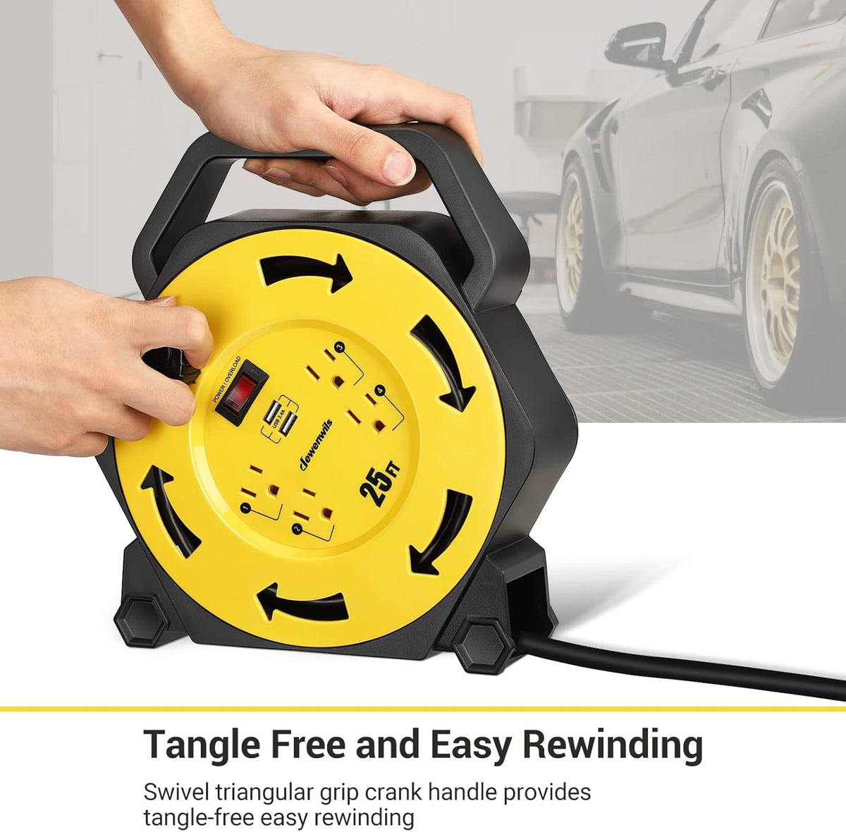 25FT Retractable Extension Cord Reel with 4 Power Outlets, 2-USB Ports, Heavy Duty SJTW 16/3 Cable, 13A Circuit Breaker, Pack of 2 Q4842