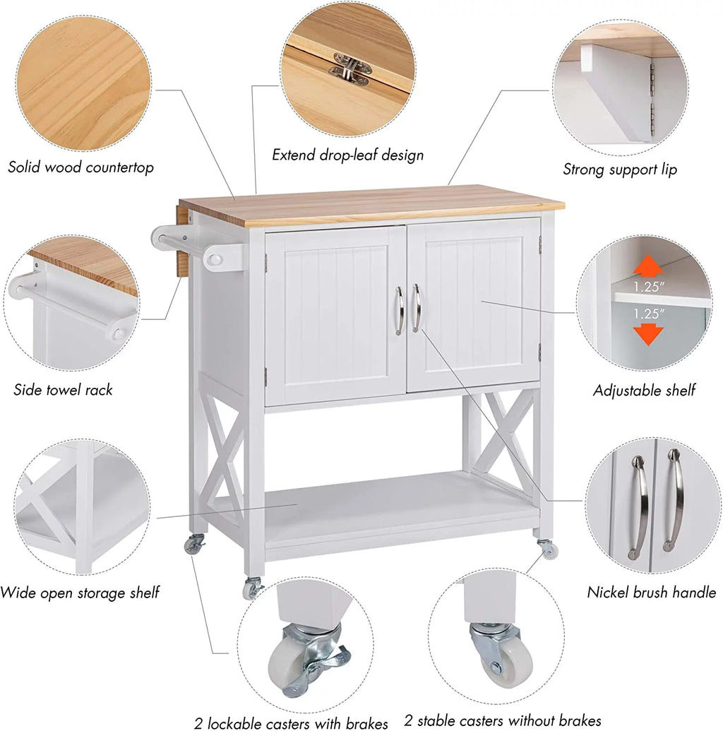 White Kitchen Island on Wheels with Storage Cabinet and Drop Leaf D573340