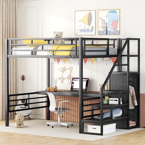 Full Size Metal Loft Bed with Desk and Wardrobe X5754