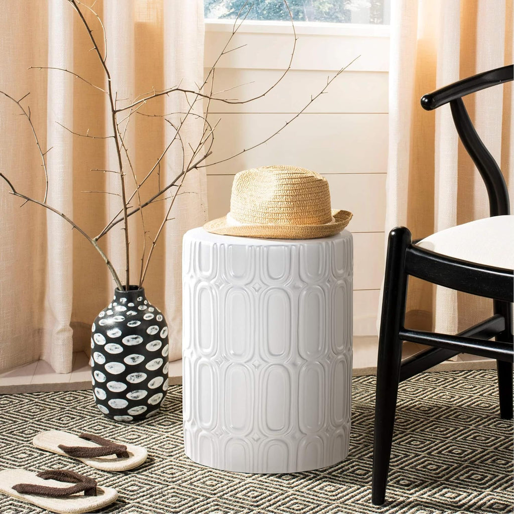 Heavy Duty Ceramic Garden Stool White Glazed Elliptical Pattern Side Table M571