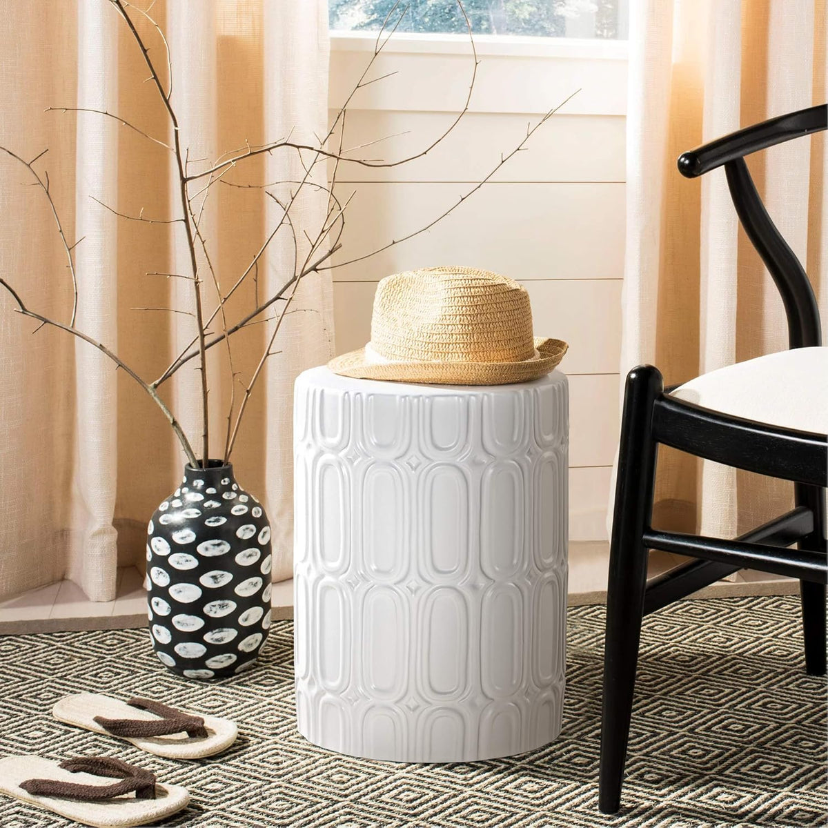 Heavy Duty Ceramic Garden Stool White Glazed Elliptical Pattern Side Table M571