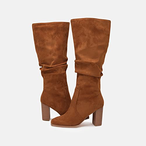 Womens Knee High Boots Chunky High Heel Square Toe Side Zipper Wide Calf Boot T38088
