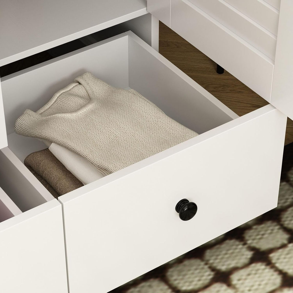 Rustic White Slat Door Wardrobe with 5 Drawers and 4 Doors P822860