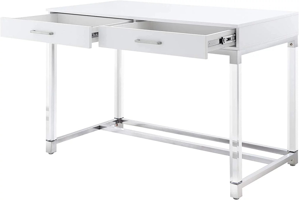 High Gloss 2 Drawers Writing Desk with Acrylic Legs and Chrome Stainless Steel Base White/Chrome V293