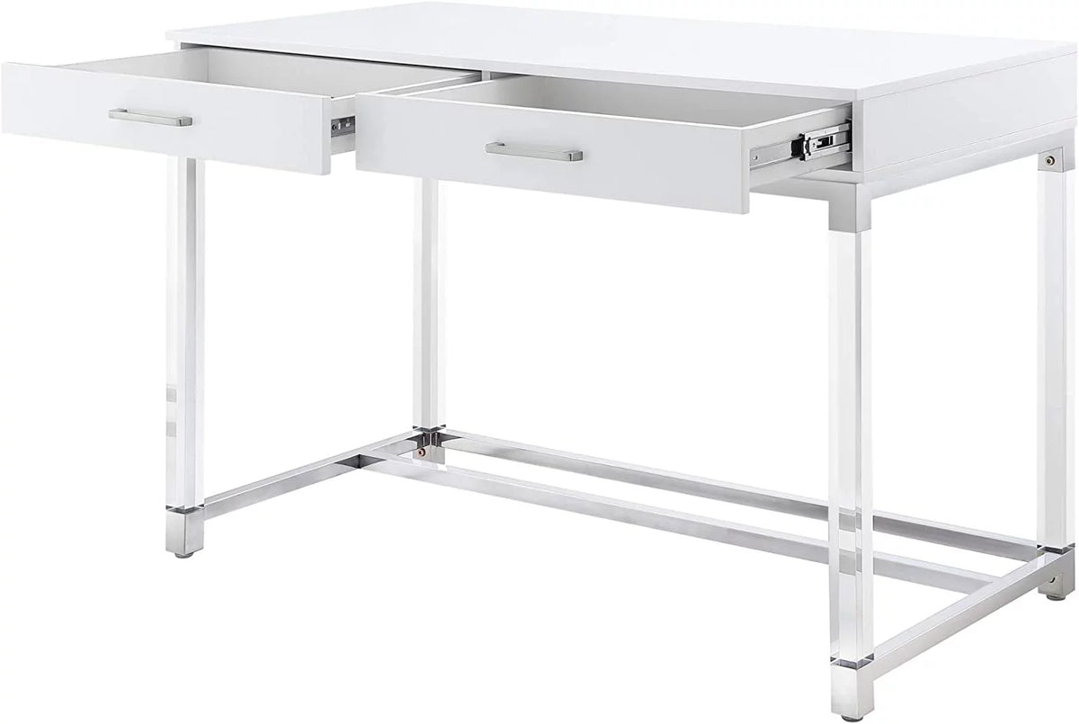 High Gloss 2 Drawers Writing Desk with Acrylic Legs and Chrome Stainless Steel Base White/Chrome V293