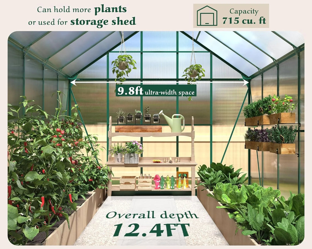 12x10x10 ft Polycarbonate Greenhouse with 2 Sliding Doors 4 Vents B462