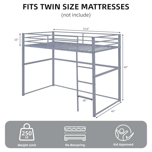 White Twin Metal Loft Bed with Safety Guard Rails R8422