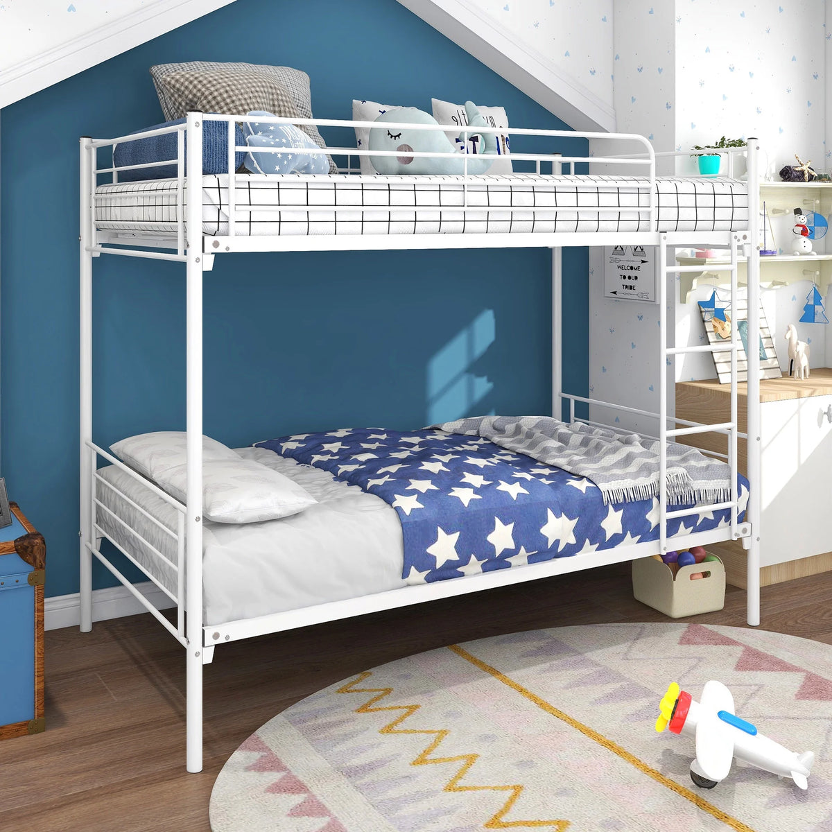 Twin-Over-Twin Bunk Bed with Metal Frame and Ladder White A93265